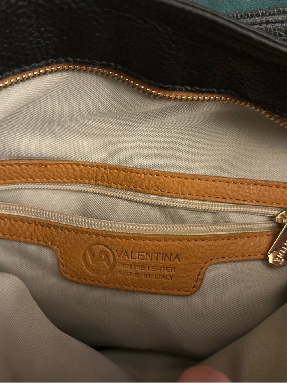 Valentina Black Pebbled Leather Shoulder Bag with Tan Accents - Picture 4 of 16